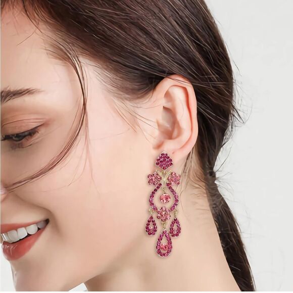 Yellow Gold with Raspberry Pink Austrian Crystal Flower Vase Chandelier Earrings - Picture 5 of 6